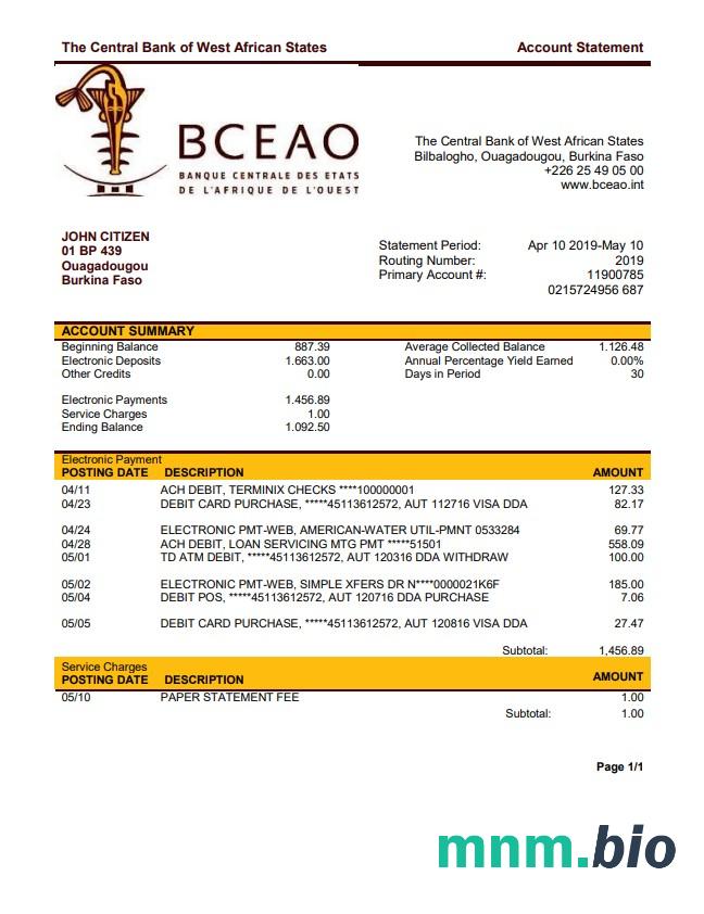 Burkina Faso Bank Centralny państw Afryki Zachodniej wyciąg bankowy łatwy do wypełnienia szablon w formacie Excel i PDF